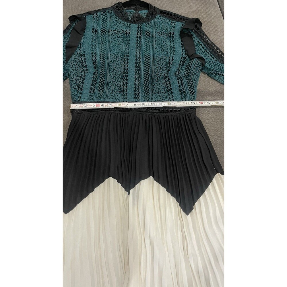 Self-Portrait Lace Pleated Midi Dress Green Black Ivory Long Sleeve US 8 UK 12 - Picture 11 of 12